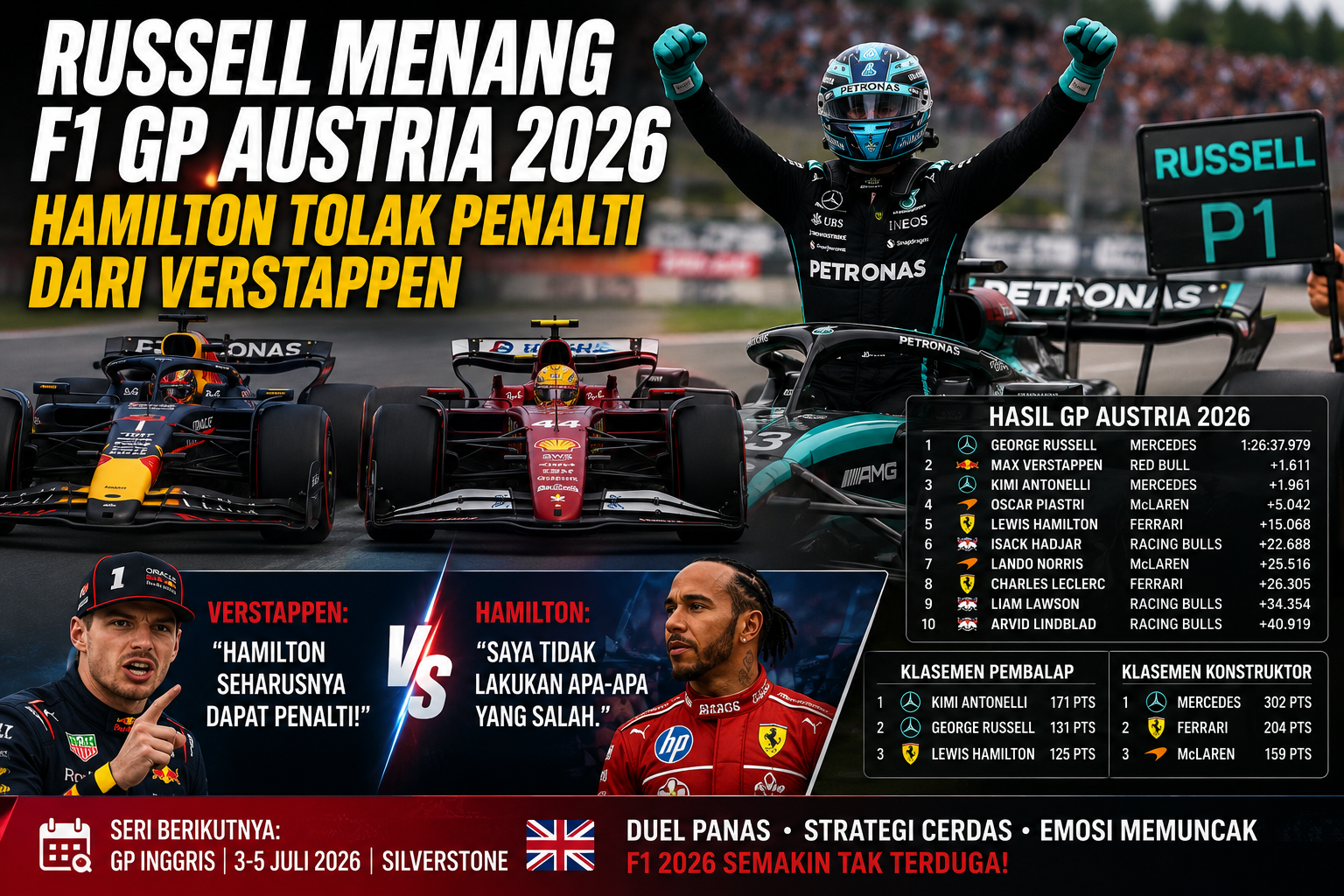 Russell Menang F1 GP Austria 2026, Hamilton Tolak Penalti dari Verstappen