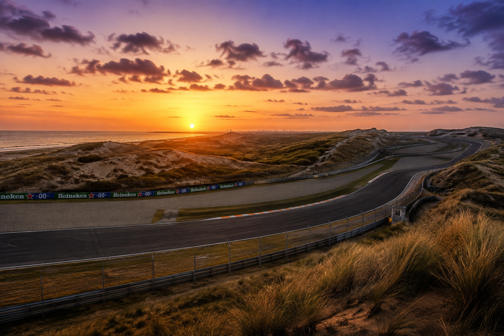 Pemandangan Sirkuit Zandvoort di tepi pantai Belanda yang menggelar balapan F1 terakhirnya pada musim 2026.