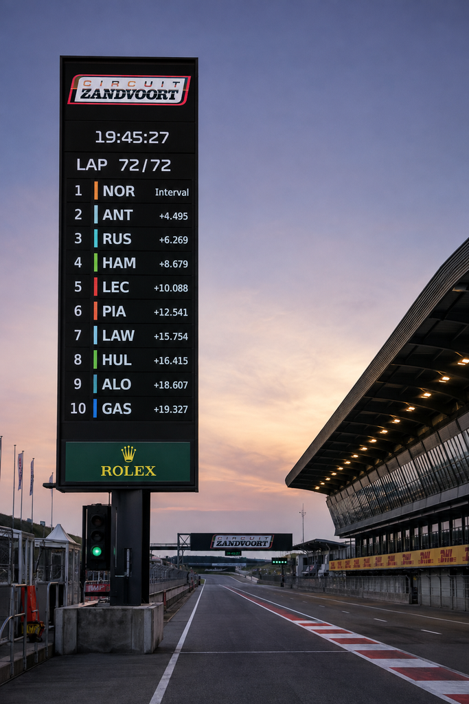 Papan klasifikasi waktu resmi 10 besar hasil akhir balapan F1 GP Belanda 2026 di Zandvoort.