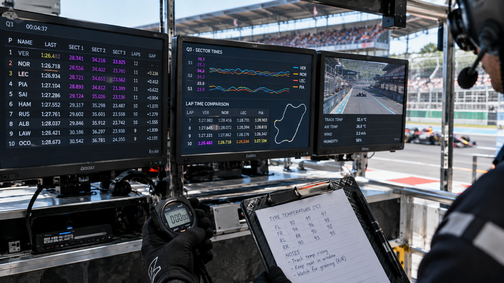 Analis tim memantau perbandingan catatan waktu kualifikasi dan sektor lap time di layar pit wall.