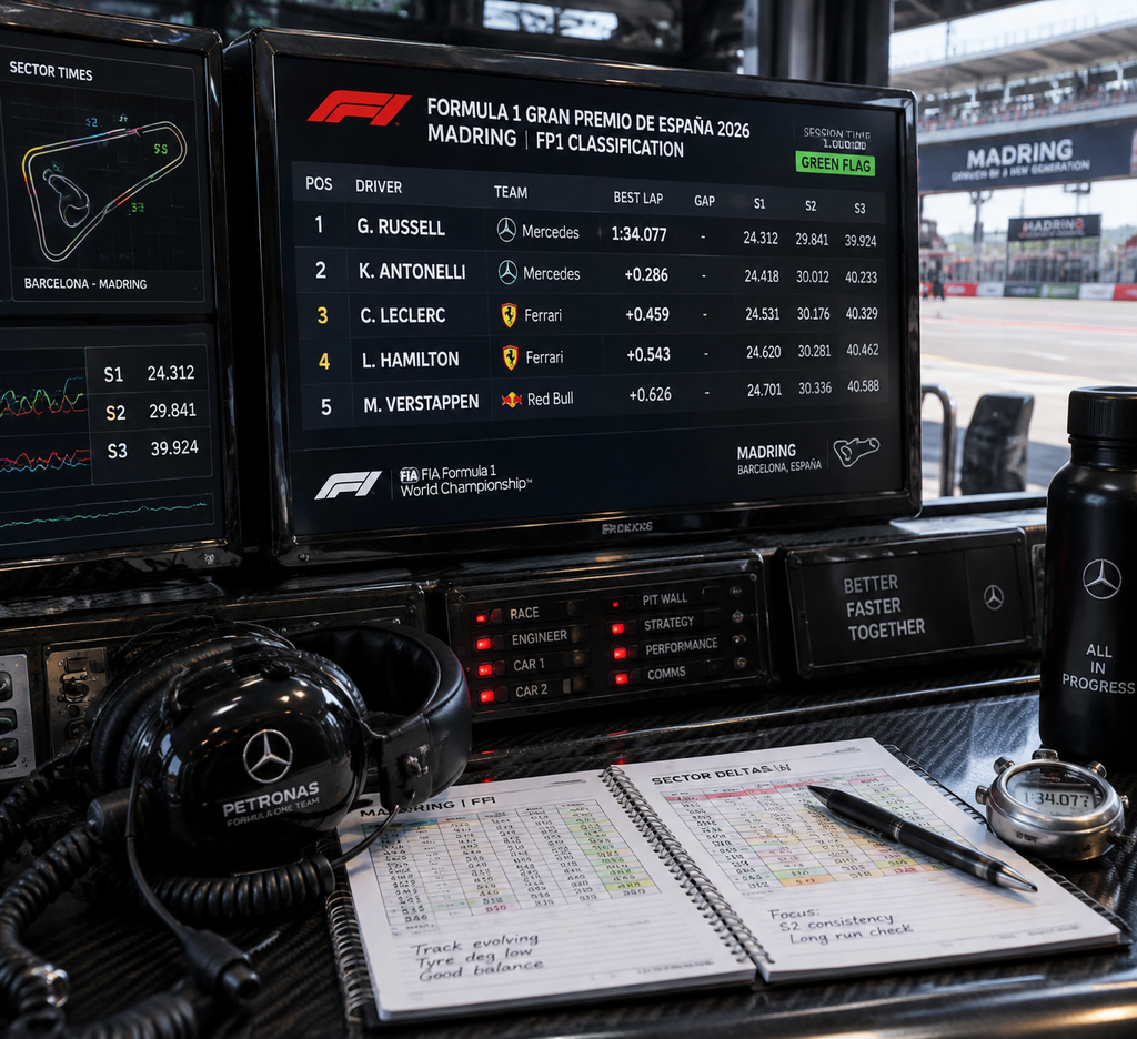Monitor pit wall menampilkan klasifikasi resmi hasil sesi latihan bebas FP1 GP Spanyol 2026 di Madring.