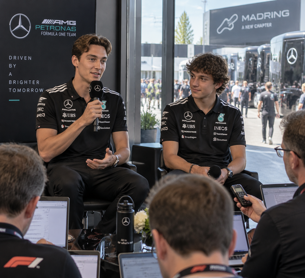 George Russell dan Kimi Antonelli dalam konferensi pers tim Mercedes membahas persaingan poin klasemen F1 2026.